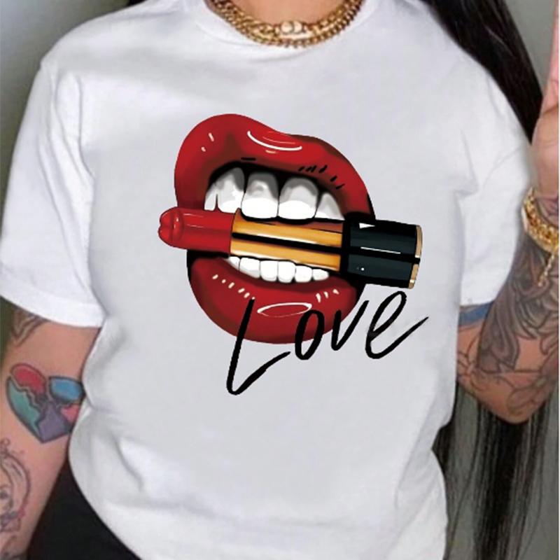 Fashion Women Personalized Lip Letters Print T Shirt Funny Casual O-neck Short Sleeves T-shirt Summer Female Tee Shirt