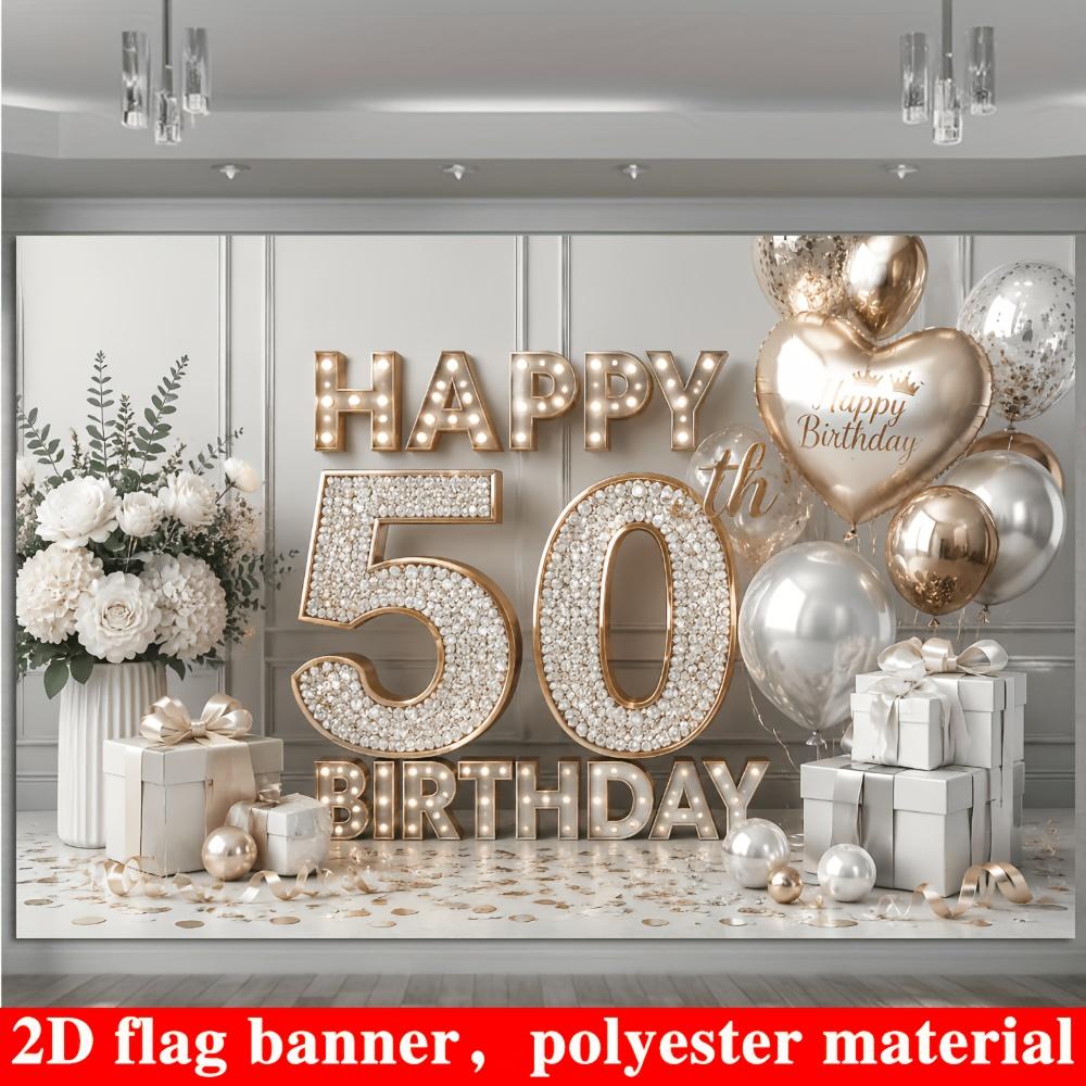 2D planar flag, 2D plane - 1 piece of 2D flag, banner background for 50th birthday party, luxury platinum theme