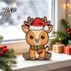 Wooden Photo Props Christmas Elk Figurine with Santa Hat And Scarf, Cartoon Deer Tabletop Decoration Table Centerpiece for Holiday Home Party