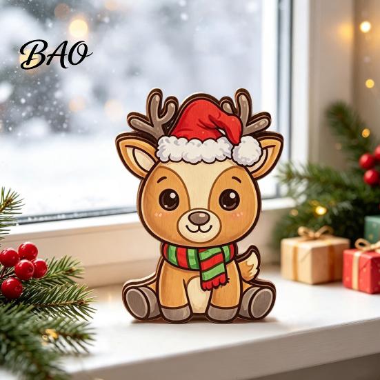 Wooden Photo Props Christmas Elk Figurine with Santa Hat And Scarf, Cartoon Deer Tabletop Decoration Table Centerpiece for Holiday Home Party