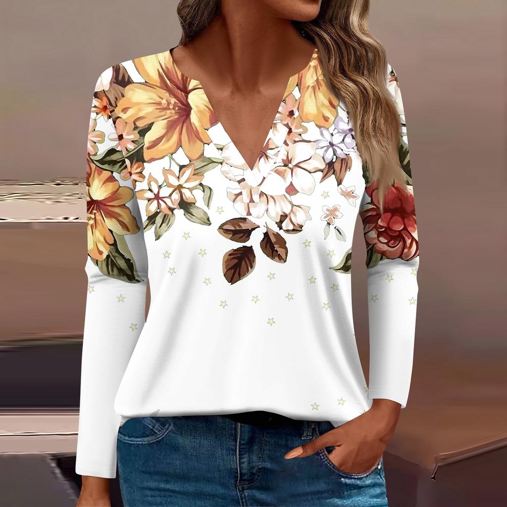 Женская футболка Футболка с принтом и длинным рукавом Повседневные выходные Мода Базовый топ с V-образным вырезом Обычный топ