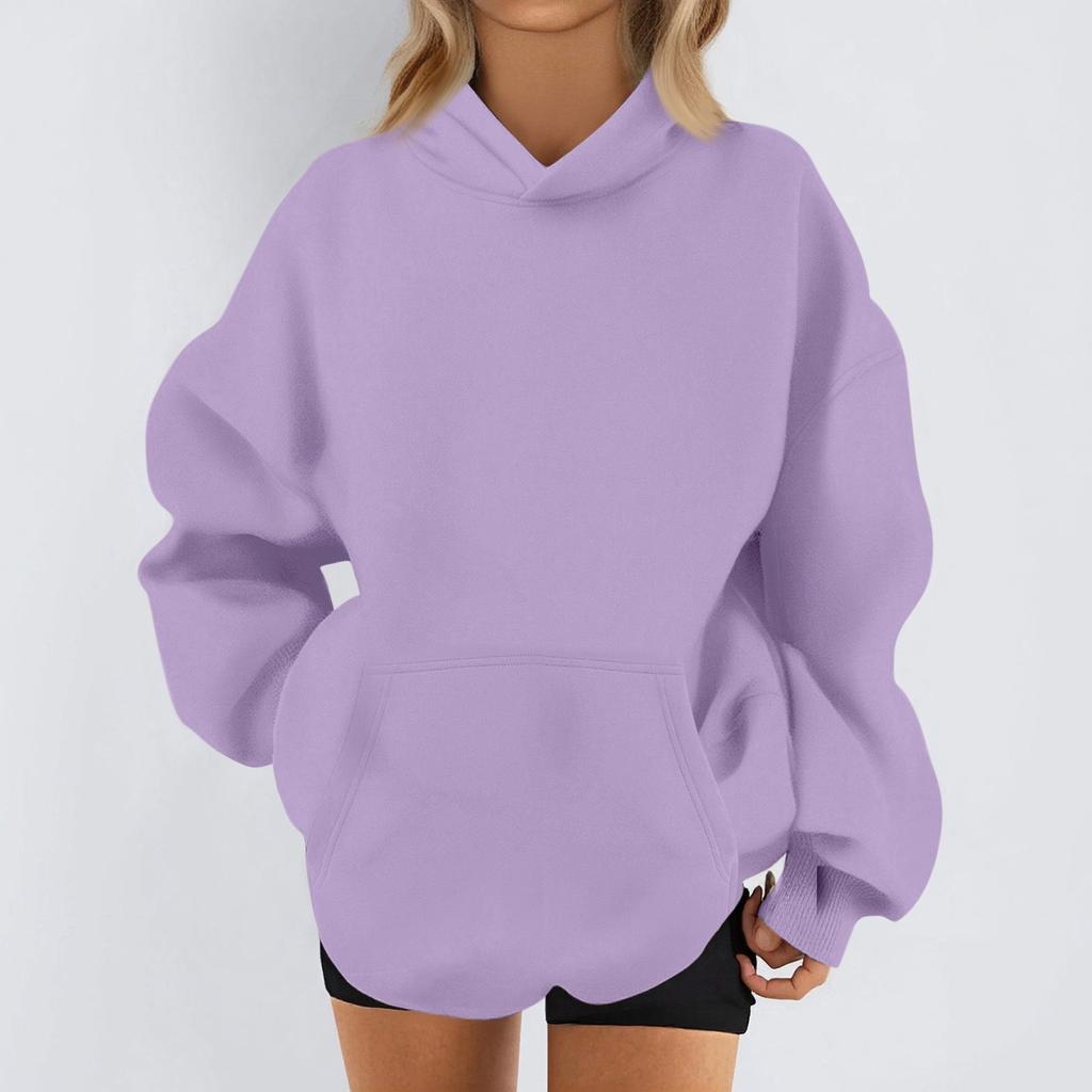 Women's Fashion Casual Long Sleeve Solid Color Hooded Sweatshirt Tops