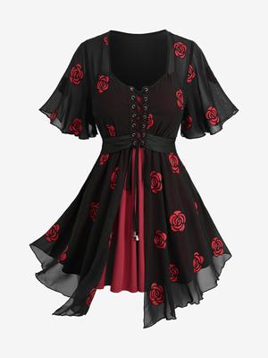 Rosegal Plus Size Rose Flower Вышитый сетчатый люверсы шнуровка асимметричный 2 в 1 Топ