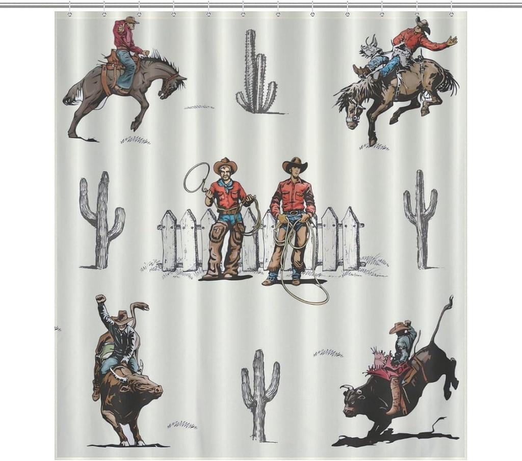 Western Shower Curtains for Bathroom, Cowboy Cartoon Decor Pattern Print Bath Drapes Set with Hooks, Waterproof Fabric Windows