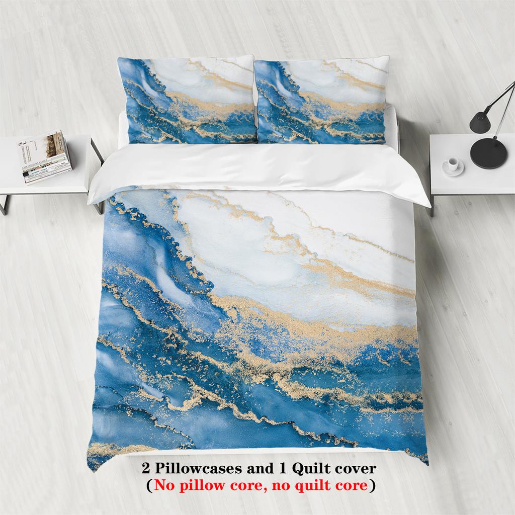 Комплект постельного белья из 3 предметов с принтом под синий и розовый мрамор, 1*пододеяльник+2*наволочки, для двуспальной, королевской, двуспальной спальни