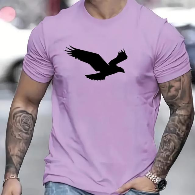 2024 Summer New Men's Simple Fashion Loose T-Shirt Eagle Print Round Neck Solid Color Short-Sleeved T-Shirt Casual Daily Tops