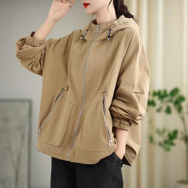 Johnature Woman Autumn Vintage Loose Casual Personality Coat Zipper Solid Color Long Sleeves Hooded Coat