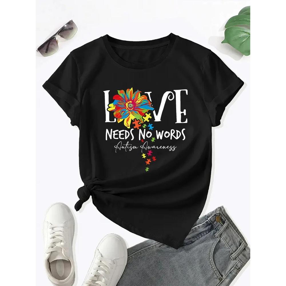 Лето 2025 Новая женская футболка с круглым вырезом и принтом букв 'Love Needs No Words' Летний повседневный женский топ Футболка Одежда