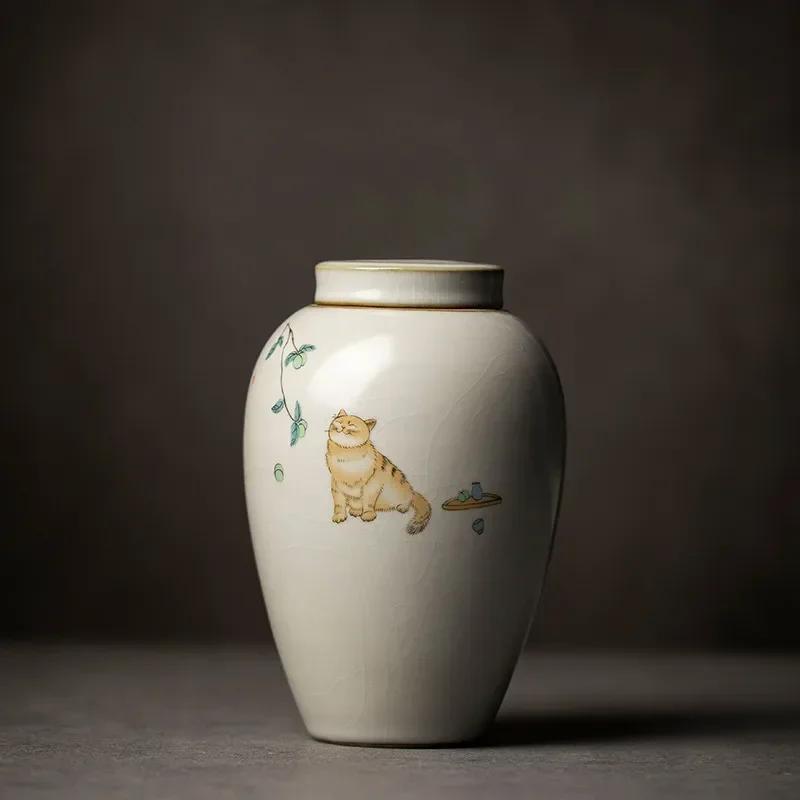 Ретро-керамическая чайная кабина Ru Kiln с милым рисунком кошки, переносная герметичная упаковка для чайных листьев, дорожная коробка для хранения чайных пакетиков, органайзер для специй