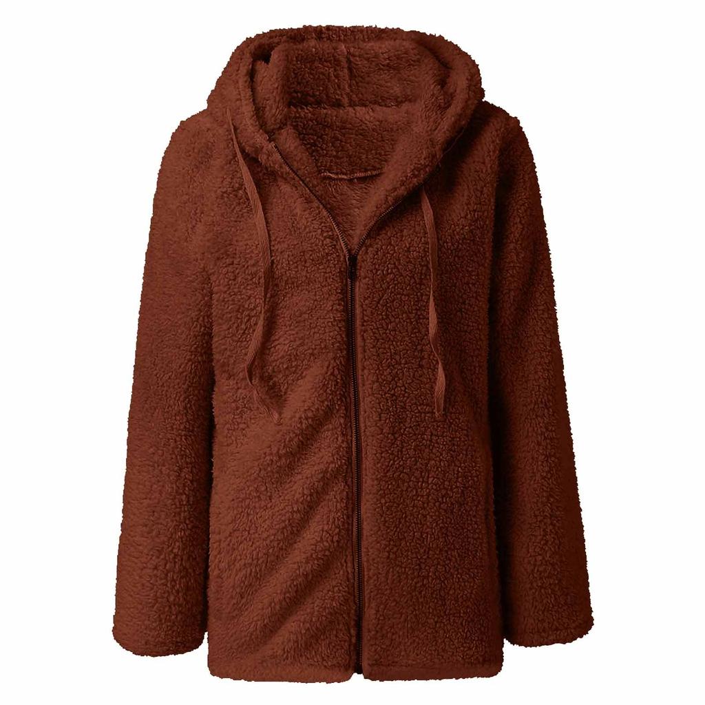 Женская мода сплошной цвет куртка с длинным рукавом на молнии с капюшоном плюшевое пальто