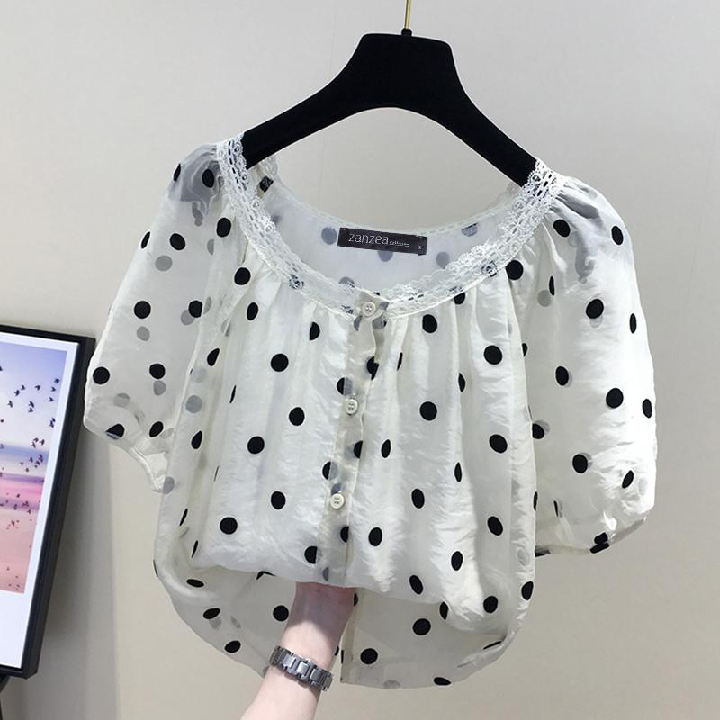 ZANZEA Женская повседневная блузка с коротким рукавом и круглым вырезом в горошек с принтом