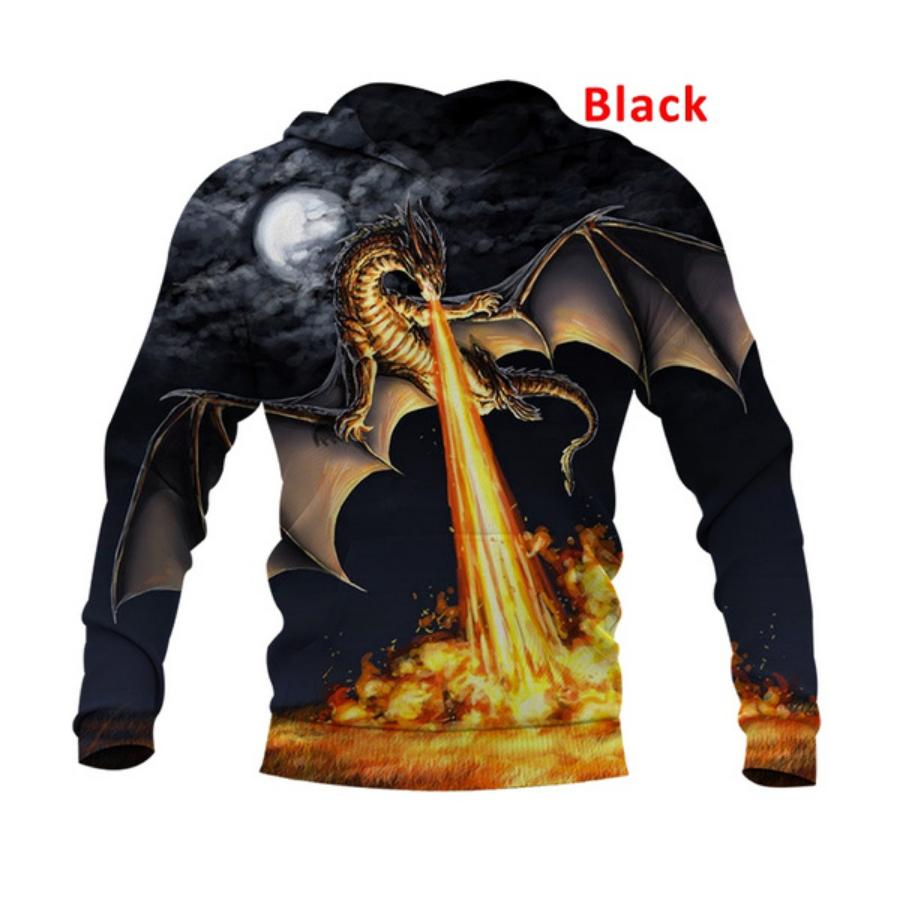 2021 Autumn and Winter Men's Fashion Casual Sweatshirt 3D Printing Dragon Hoodie Fire Dragon Skull Cap Pocket Pullover Sweater XS-5XL