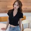 Летняя вязаная футболка с оборками, модные сексуальные тонкие укороченные топы с v-образным вырезом, однотонный кардиган с короткими рукавами для женщин
