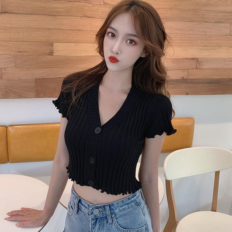 Летняя вязаная футболка с оборками, модные сексуальные тонкие укороченные топы с v-образным вырезом, однотонный кардиган с короткими рукавами для женщин