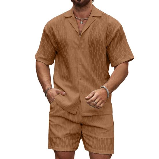 2 шт./комплект мужской летний наряд рубашка с коротким рукавом на пуговицах эластичный пояс шорты комплект однотонный спортивный костюм
