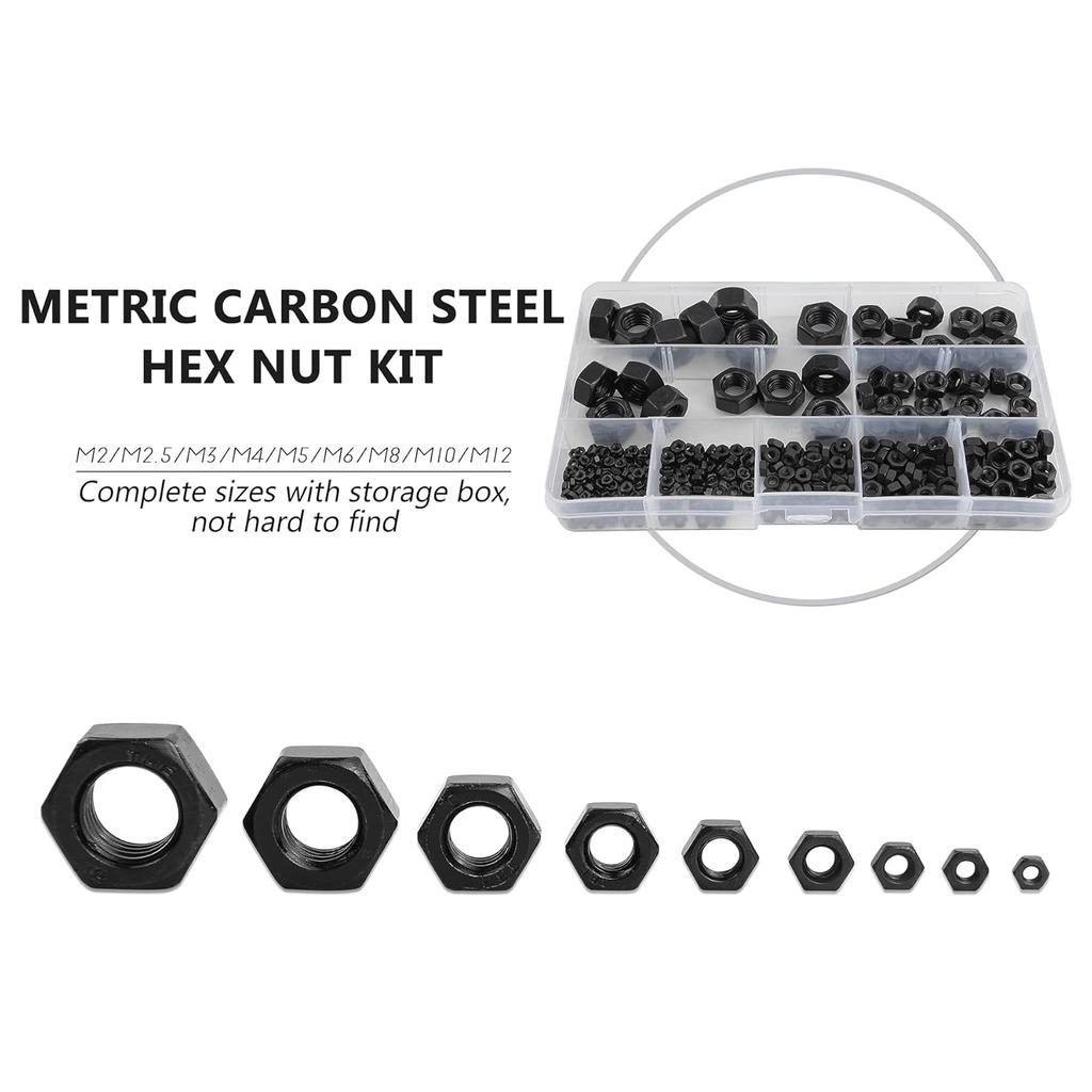 Набор метрических черных шестигранных гаек, 326 шт., 9 моделей (М2-М12), комплект шестигранных гаек из черной углеродистой стали