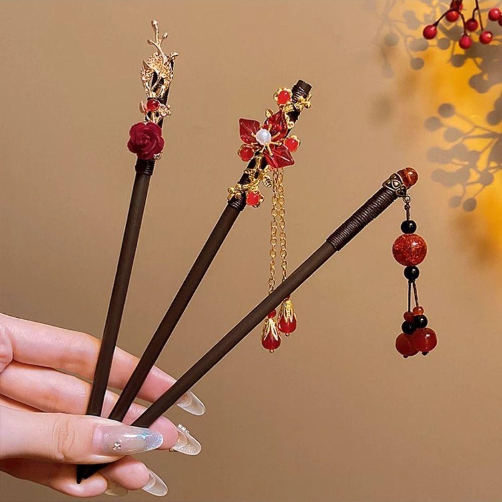 Flower Wooden Hair Stick Tassel Hanfu Hairpin Classical Cheongsam Accessories