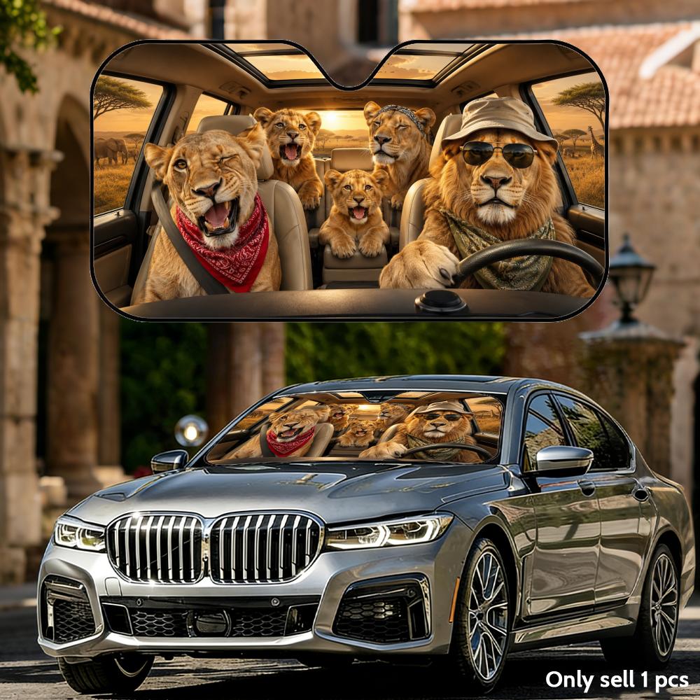 Funny Lion Driving Sun Visor Aluminum Foil Windshield UV Protection Heat Insulation Cover Foldable Reusable Sun Visor Shade