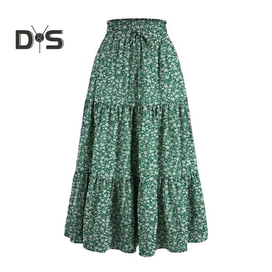 Женская юбка, эластичная, с высокой талией, на шнуровке, юбка-лето, в стиле бохо, с цветочным принтом, оборками, низом, длинная юбка