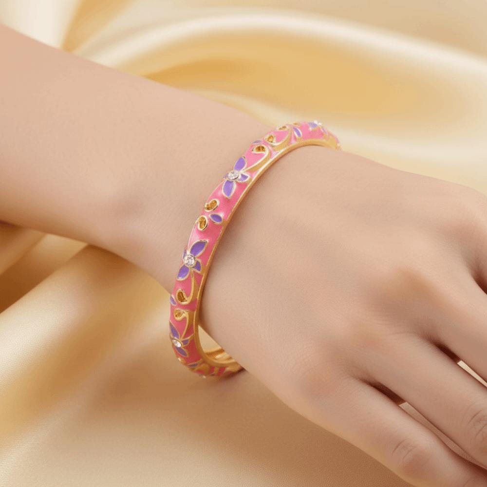 Lightweight Metal Cloisonne Floral Bangle Rhinestone Thin Bracelet  Holiday Presents