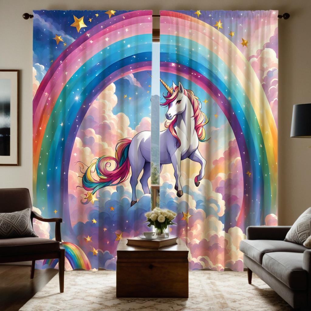 2pcs  HD Cartoon Rainbow Unicorn Decorative Curtain Color Tie Digital Printed Curtain Home Decoration Style Decoration Living