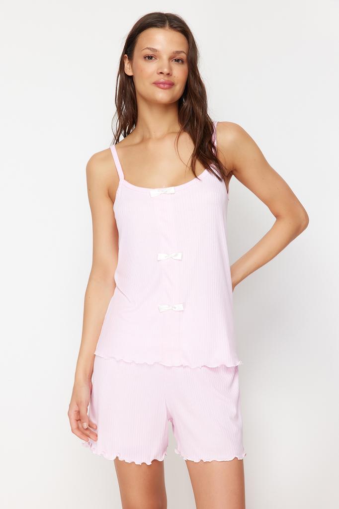 Women's Fashion New Pajama Set Yellow Ribbon Detailed Corded Knitted Pajama Set