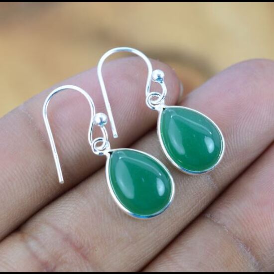 Solid 925 Sterling Silver Green Onyx Pear Gemstone Handmade Drop Earrings Gift For Her Bezel Setting Earrings