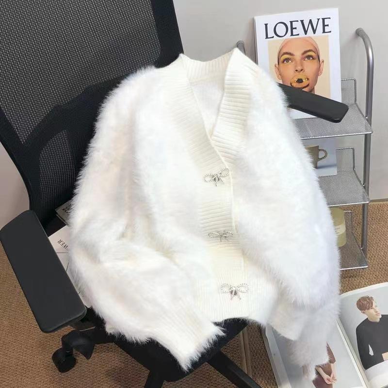 Высококачественное пальто-свитер из розового норкового бархата для женщин, новинка осени и зимы, толстый, свободный, элегантный вязаный кардиган с V-образным вырезом