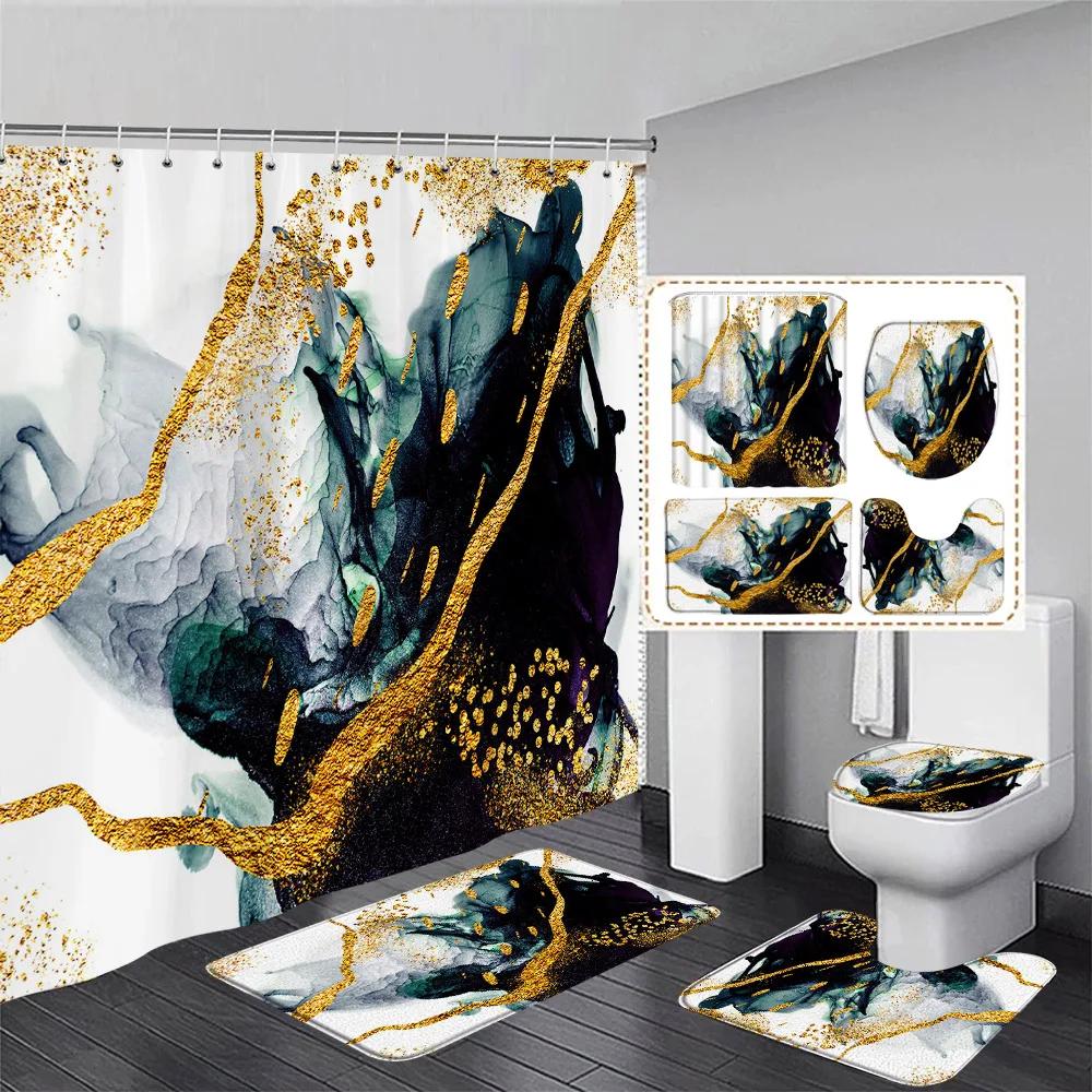Горячий Мрамор Набор Занавесок для Душа Креативное Искусство Акварельными Чернилами Геометрический Современный Декор для Ванной Комнаты Коврик для Пола Коврики для Ванной Крышка для Унитаза