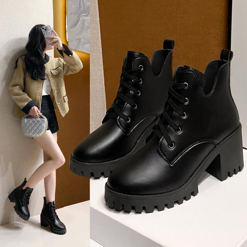 Fashion Single Boots Women's Autumn and Winter New Round Toe Front Lace-up Platform Non-Slip High Heel Short Shoes