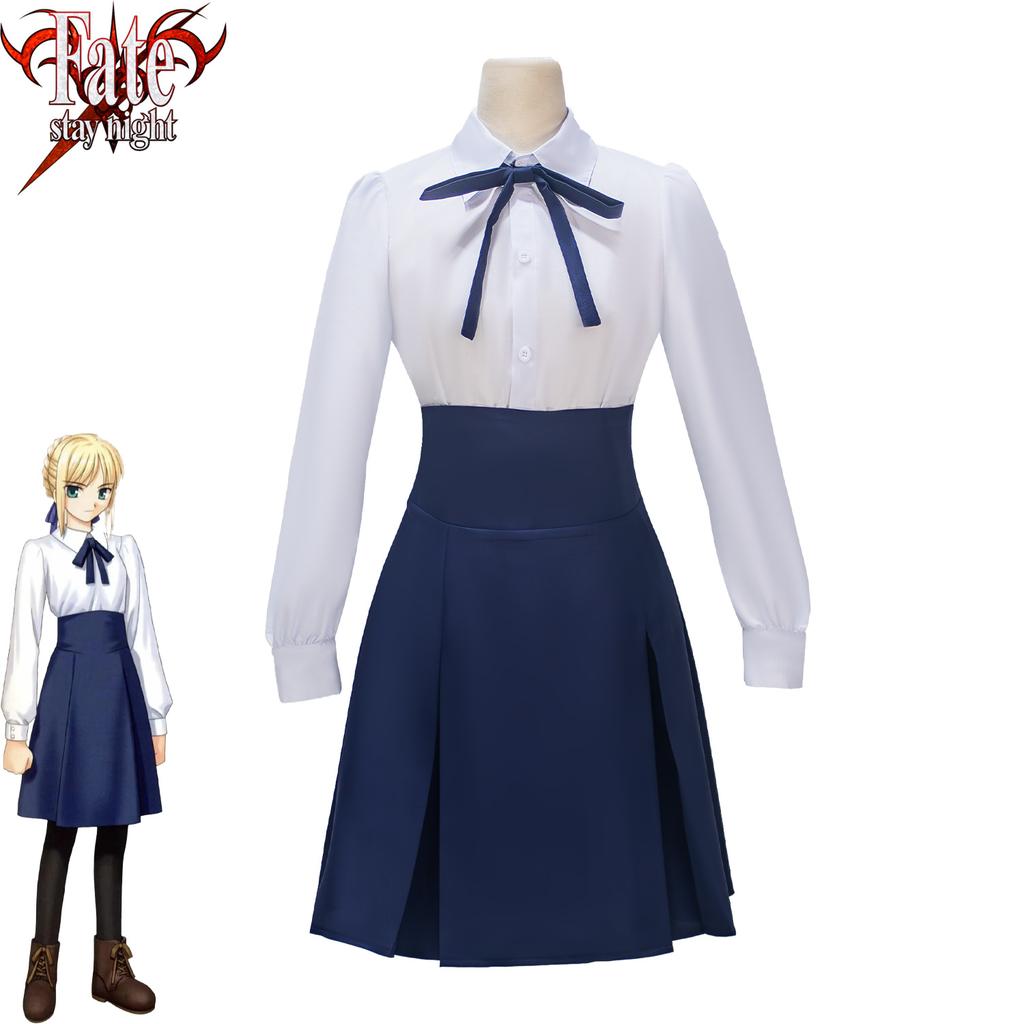 Аниме Fate Stay Night Сэйбер Алтрия Повседневное Сине-Белое Платье Парик Косплей Костюм Аниме Ролевая Игра Хэллоуин Костюм для Выступления
