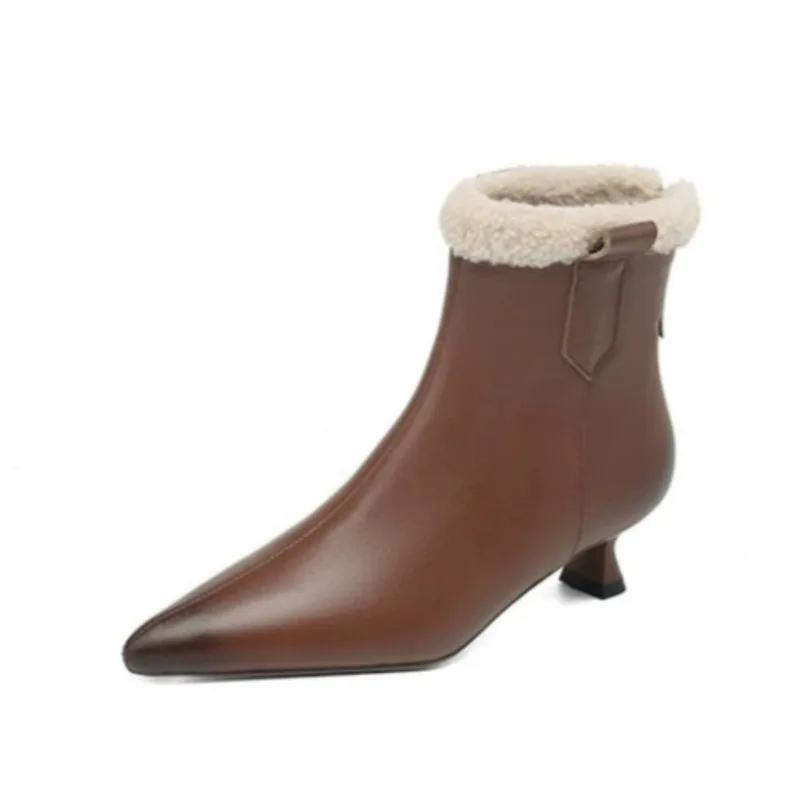 Женские меховые ботильоны с острым носком, модные кожаные теплые плюшевые туфли на среднем каблуке, женский бренд, зима 2025, тренд, уютные ботинки Mujer