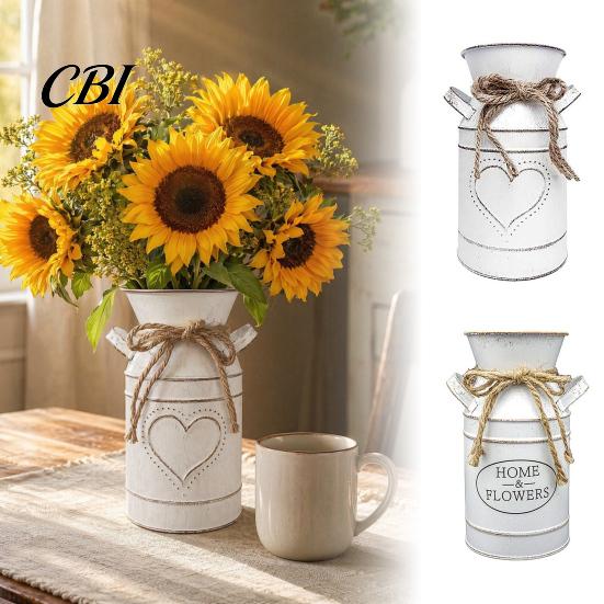 Rustic Metal Flower Bucket Vintage Iron Can Bucket, Double-Handle Vase with Jute Bow & Embossed Heart/HOME Window Display Print, Tabletop Decor