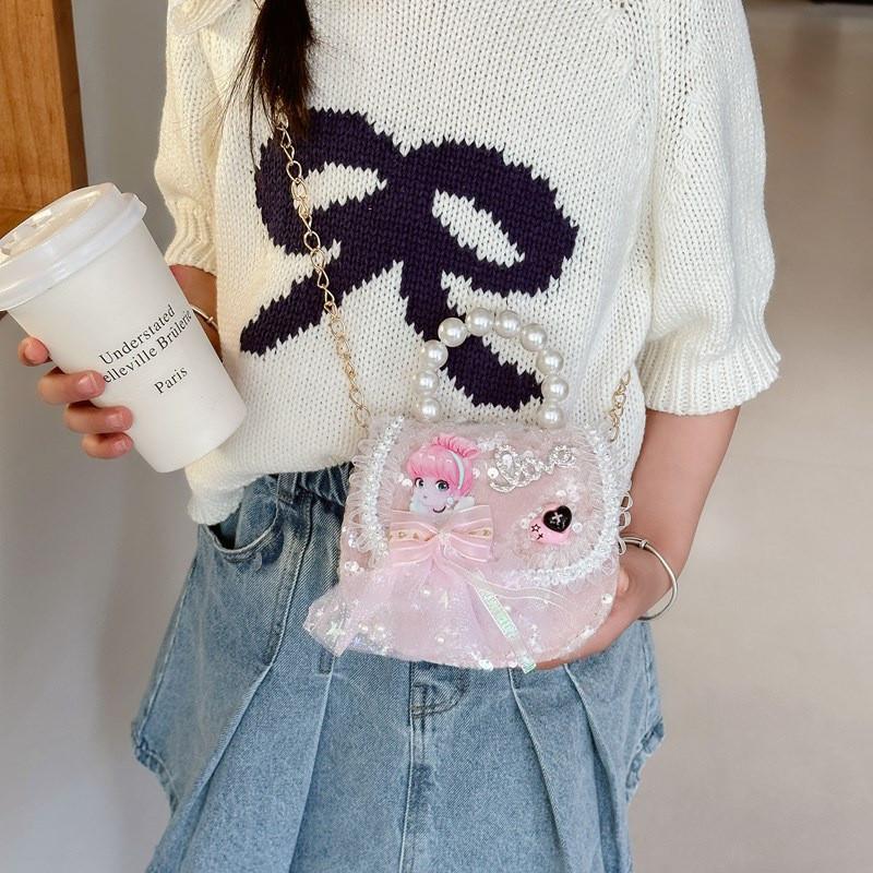 Crossbody Bowknot Girls Bag Sparkly Cartoon Shoulder Bag With Pearl Chain Strap
