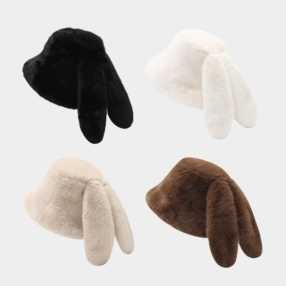 Soft Rabbit Ear Bucket Hat Solid Color Pullover Hat Cute Fisherman Hat For Women