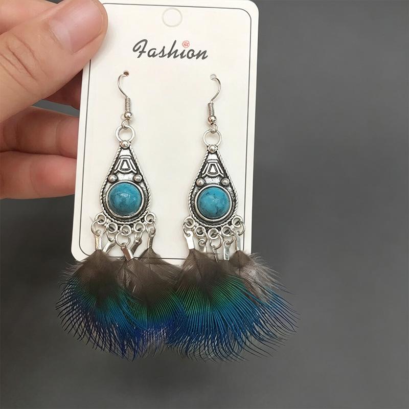 Ретро Серьги с Перьями Этнический Стиль Синие Длинные Серьги с Бахромой Украшения для Ушей Павлин Волосы Бирюзовые Серьги