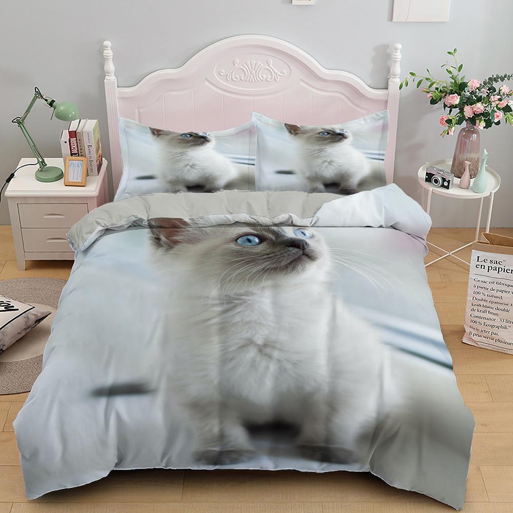 White Cat King Queen Duvet Cover Kawaii Pet Kitty Bedding Set For Kids Teens Adults Family Animal 2/3pcs Polyester Quilt Cover