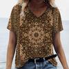 New Women T-shirt Ethnic Pattern Print Oversized Women's Trending Clothing Fashion Short Sleeve Shirt Women V-Neck Blouse 2024