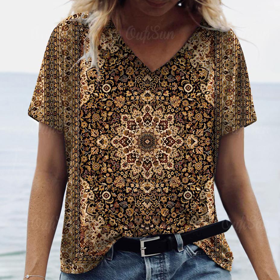 New Women T-shirt Ethnic Pattern Print Oversized Women's Trending Clothing Fashion Short Sleeve Shirt Women V-Neck Blouse 2024