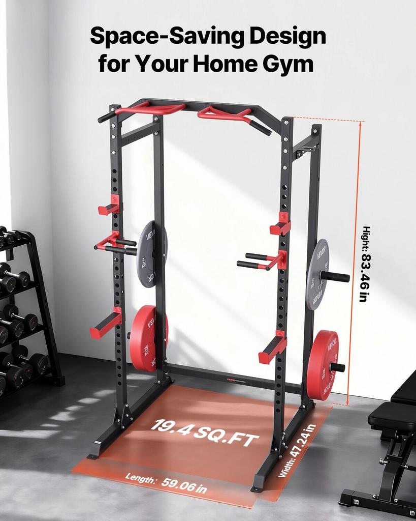 Power Cage Power Rack, Multifunctional Barbell Squat Rack with Adjustable Height, Home Gym Strength Training Workout Equipment with J-Hooks & More
