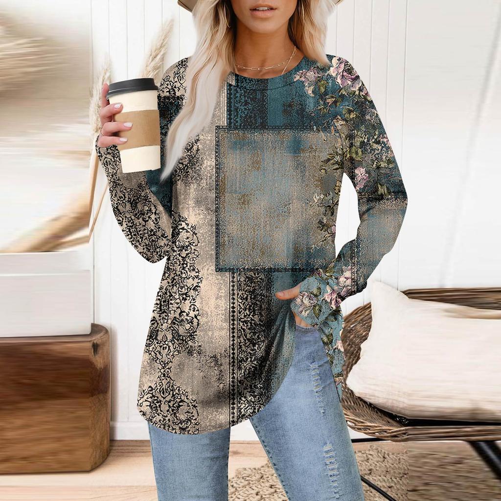 Womens Oversized Sweatshirt Graphic Sweater Long Sleeve Drop Shoulder Round Shirt Tops Vintage Clothes