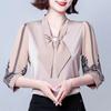 5XL Chiffon Shirt T-shirt Women's 3/4 Sleeve Bow Loose Fit Shirt Mom's Fashion Age Reducing Versatile Top