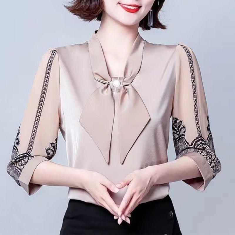 5XL Chiffon Shirt T-shirt Women's 3/4 Sleeve Bow Loose Fit Shirt Mom's Fashion Age Reducing Versatile Top