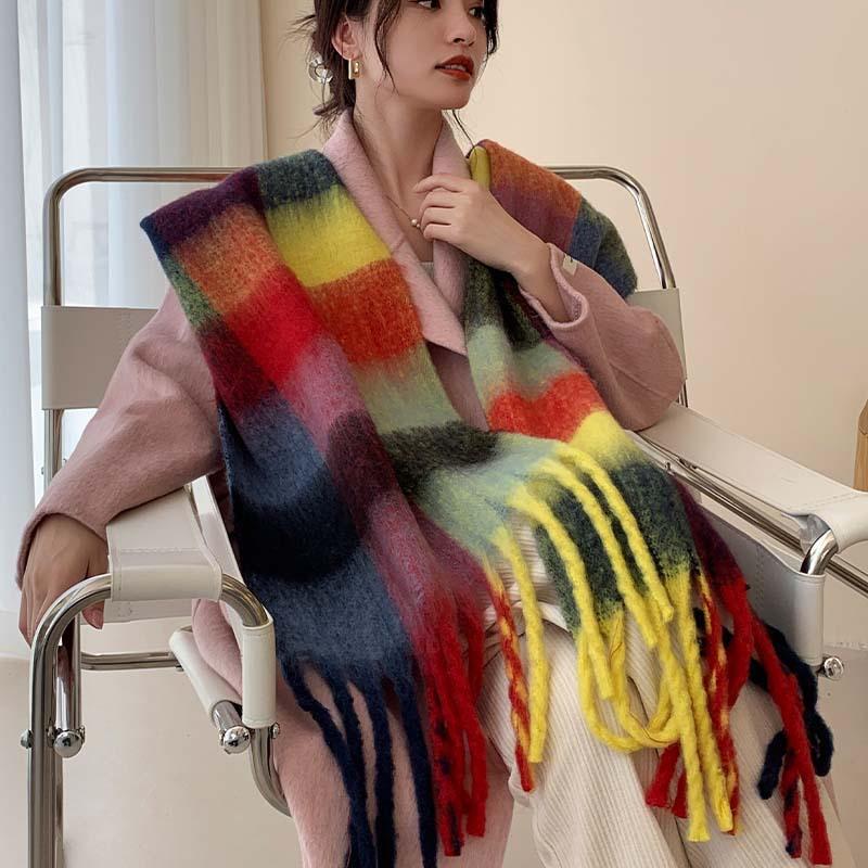 Winter New Scarf Women's Winter Thickened Warm Scarf Colored Plaid Fringed Scarf Shawl Fashionable Outer Cover