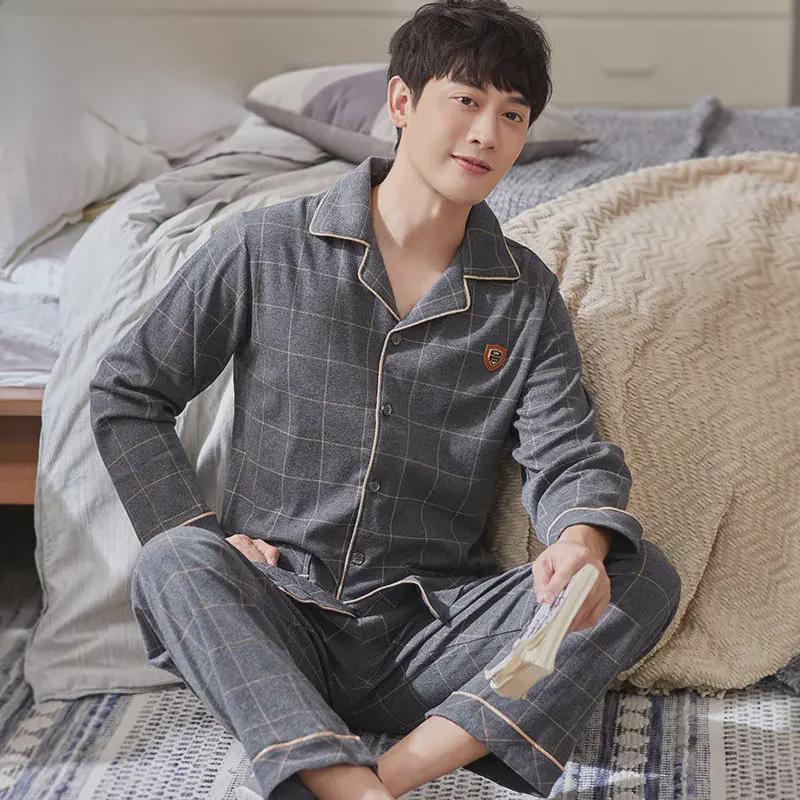 Мужская пижама-кардиган с лацканами, 100% хлопок, длинный рукав, на весну, лето и осень, размеры до 5XL