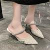 2024 Summer New Fashion Rhinestone Pointed End Women's Mid-heel Slippers Thin Heel Pearl Lightweight Party Banquet Spring White