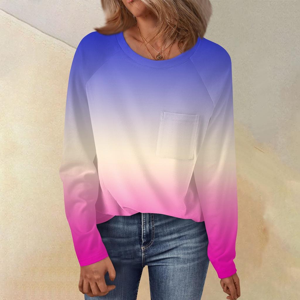 Women's Round Neck Gradient Printed Raglan Sleeve Long Sleeve Versatile Loose Top