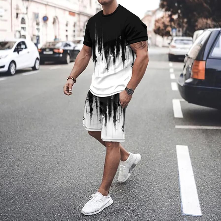 Мужской летний повседневный комплект из двух предметов с 3D-дизайном в виде пламени