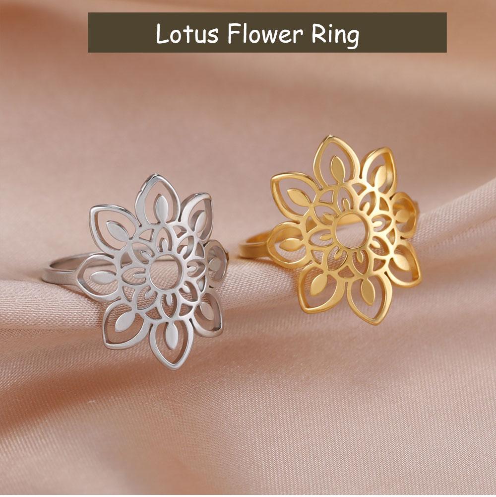 Cazador Aesthetic Filigree Flower Lotus Rings for Women Gold Color Bohemian Ring Wedding Engagement Stainless Steel Jewelry Gift