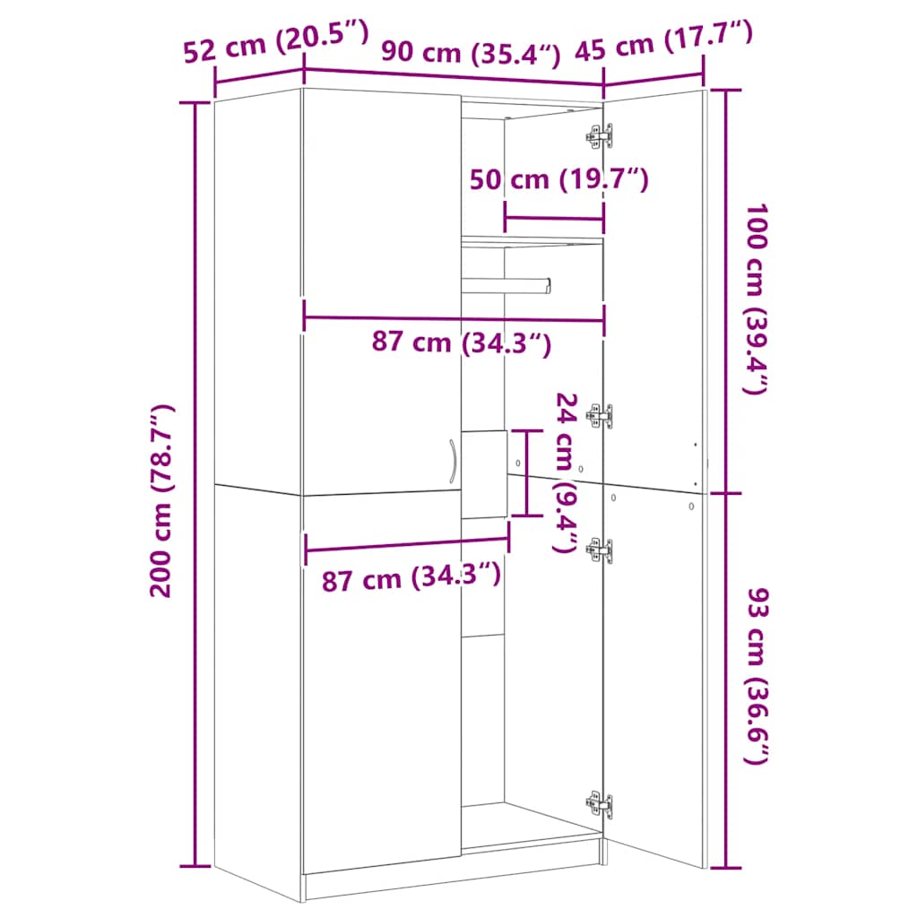 Wardrobe Grey Sonoma 90 x 52 x 200 cm Engineered Wood